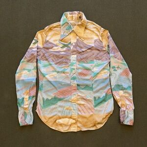 Vintage 70s Mountain Prairie Landscape Long Sleeve Button Up Shirt